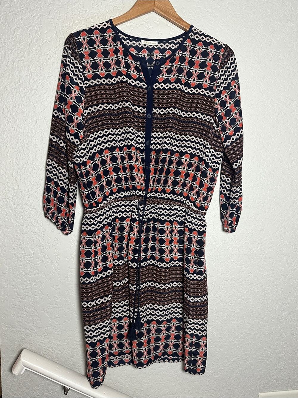 Shoshanna Navy Geometric Shirt Dress 100% Silk Aztec Drawstring Waist Preppy